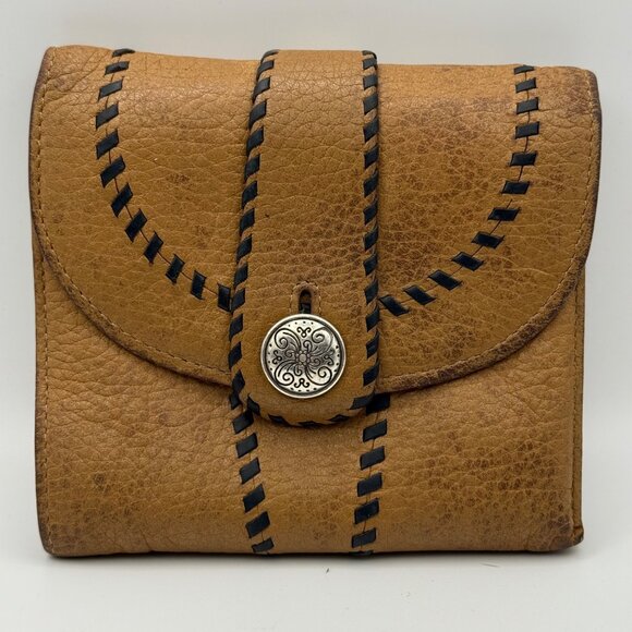 Brighton Handcrafted Brown Leather Wallet Black Accent Stitching Magnetic Snap - Picture 1 of 11